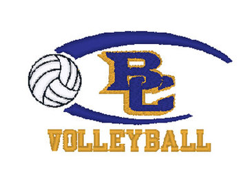 volleyball with circular swoosh that frames mascot