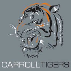 four color tiger mascot tee shirt design with tiger created from multicolor shapes.