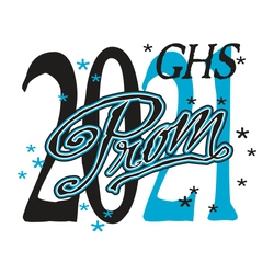 two color prom tee shirt design with large year and prom in script over the year.  Small stars and School initials over the year also.