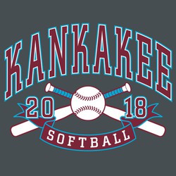 three color softball tee shirt design with crossed bats, softball and ribbon banner.  Large arched team name above design