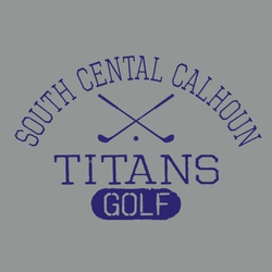 interactive golf t-shirt design with crossed clubs in middle, circle text team name above and mascot name below. Word Golf knocked out in oval at bottom. distressed.