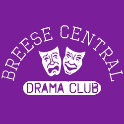 one color drama tee shirt design with distessed drama mask and knockout oval. Drama Club knocked out in oval.  Circular lettering above artwork.