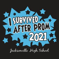 two color "I Survived After Prom" tee shirt design with stars in the background.