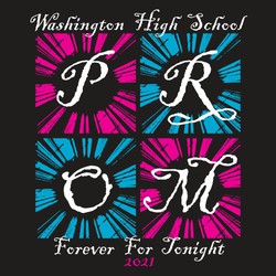 three color prom tee shirt design with Prom arranged into 4 background frames.  Script school name and Forever For Tonight.