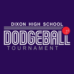 three color dodgeball tee shirt design with small red dodgeball, and large outline lettering DODGEBALL