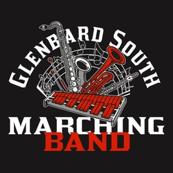 three color marching band tee shirt design with Sax with musical intruments and ached notes with circular text.