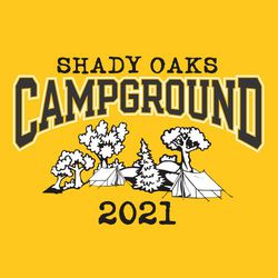 two color summer camp tee shirt design with cartoon oak and pine trees and tents.