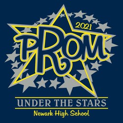 two color prom tee shirt design with theme "Under the Stars".  Large star background and ring of stars around the word PROM