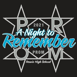 three color prom tee shirt design.  A night to remember, with PROM letters arranged in stars that are in a square pattern