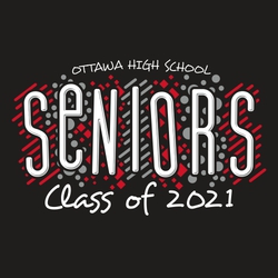 three color senior tee shirt design with colored shapes behind word SENIORS