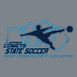 two color state soccer tee shirt design with silhoutte of soccer play kicking ball.  pentagon soccer ball panel shapes in the background.