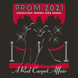 three color prom tee shirt design with silhouette image of a couple against a city skyline.  Theme is A Red Carpet Affair.