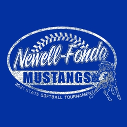 two color softball tee shirt design with seams placed inside oval with team name and mascot
