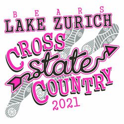 three color state cross country design with shoe prints and arrow.