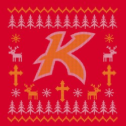 two color ugly sweater design with reindeer, crosses, Christmas trees, and snowflakes.  Large logo/mascot centered