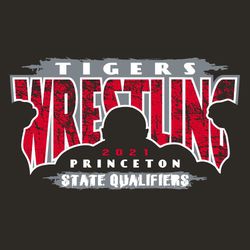 three color state wrestling tee shirt design with flexing wrestler silhoutte distressed background and letters