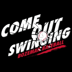 three color baseball design with baseball breaking or shattering glass lettering that says Come Out Swinging.