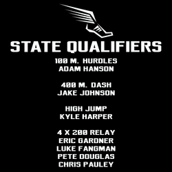 state track back print with qualifier names and stylized wing foot made of spikes