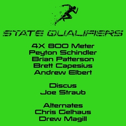 one color state track t-shirt design with stylized runner sprinting.  Sprinter has broken pieces.  Has qualifier list.
