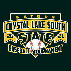 State baseball t-shirt design with a ball and banner draped over home plate