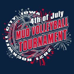 three color 4th of July mud volleyball t-shirt design with fireworks and volleyball