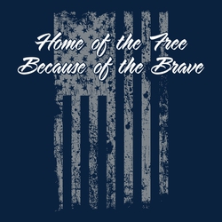 two color 4th of july tee shirt design with distressed flag, home of the free because of the brave