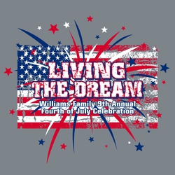 three color 4th of July tee shirt design with distressed flag and fireworks.  Living the Dream