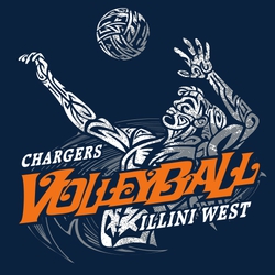 three color volleyball tee shirt design with sylized tribal player spiking the ball