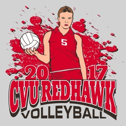 four color volleyball tee shirt design with player showing attitude on distressed background