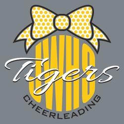 three color cheerleading tee shirt design with bow and script letters