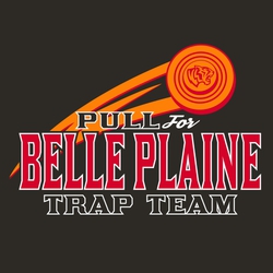 three color trap shooting tee shirt design with clay pigeon moving across design