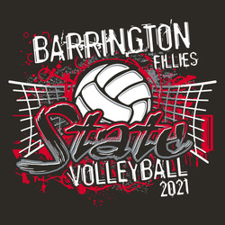 three color state volleyball tee shirt design with net, ball and background splash