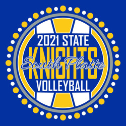 three color state volleyball tee shirt design with knocked out volleyball and circles around the ball