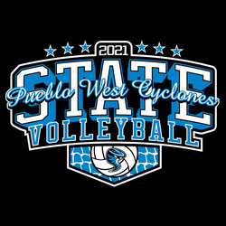 2 color state volleyball tee shirt design with net, mascot and word State