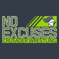 three color wrestling design. No Excuses lettering with fence background and mascot.