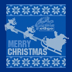 Ugly sweater design with corporate logo and Santa with reindeer pulling sleigh