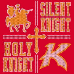 two color ugly sweater design with cross and logos. Silent Knight Holy Knight