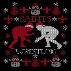 two color ugly Christmas sweater wrestling design with wrestlers wearing Christmas hats
