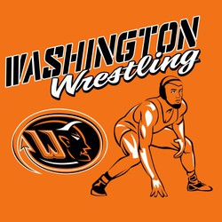 Wrestler in up stance with large mascot logo.  Stencil team name.