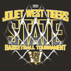 large partial basketball net overlaying large word STATE with team and mascot name above design and basketball tournament with mascot below the art.