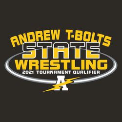 oval cutting through word STATE WRESTLING with circle text team and mascot name about art and team mascot at the bottom