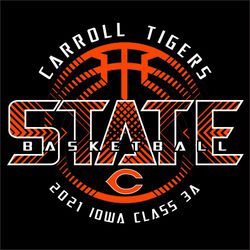 State basketball design with lines crossing diagonally through the basketball and word STATE. Circle text above and below ball.