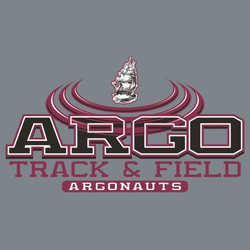 three color track and field t-shirt design with stylized, open track lanes centered and cutting through school name.  Mascot centered at the top inside lanes.