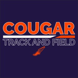 2 color track tee shirt design with small wing foot and outline only of track and field lettering.  split,  horizontal, 2-color rectangle divider between team name and lower half of design