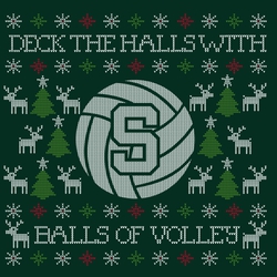 Three color ugly christmas sweater volleyball design with volleyball, Christmas trees and reindeer