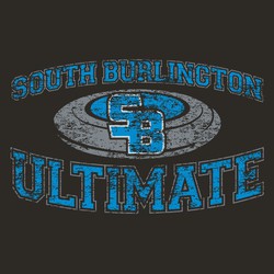 three color ultimate tee shirt deign with large disc centered.  Lettering arched above and below disc with team logo centered over disc.