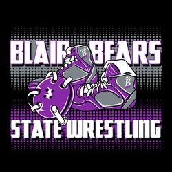 three color state wrestling tee shirt design with wrestling shoes and headgear.