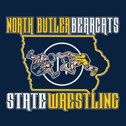 Four color state wrestling tee shirt design with matt as shape of the state and top view of wrestlers in up position.