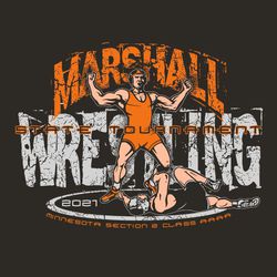 three color state wrestling tee shirt design with victorious wrestler standing above defeated opponent. Winning wrestler has arms raised and fist clenched.