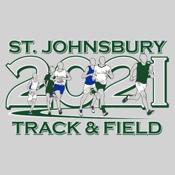 four color track and field tee shirt design with 6 runners carrying batons around the curve of the track.